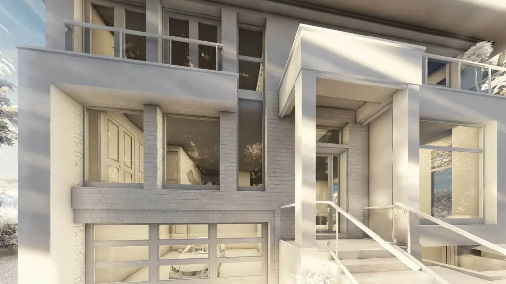 a close up view of the porch of a modern architectural style of a new custom build house in North York, Ontario