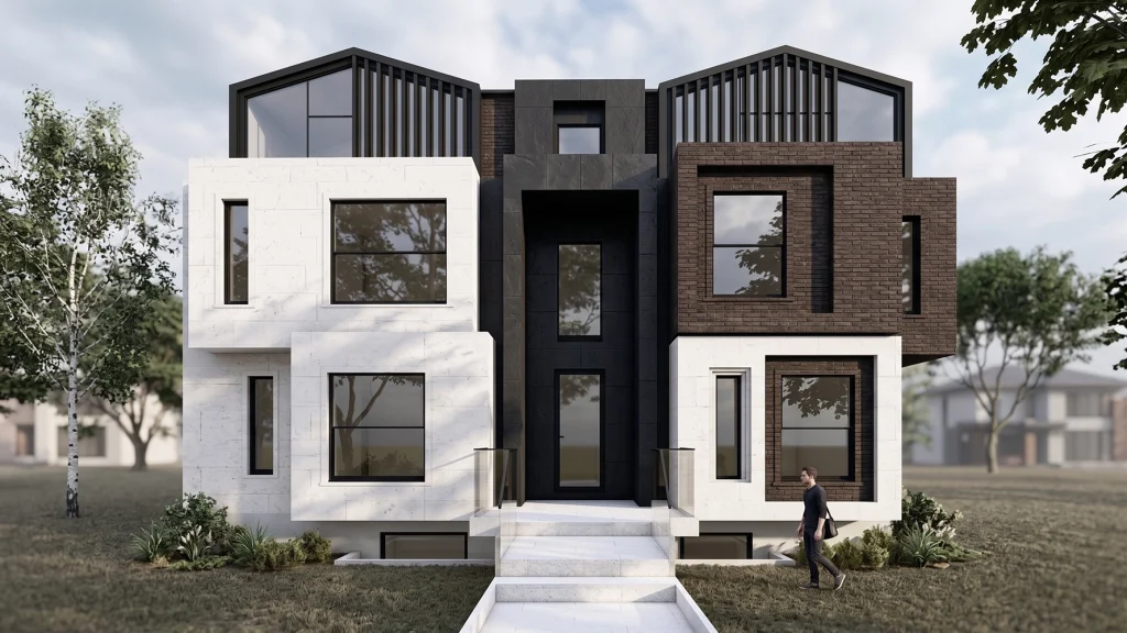 Modern 3-story fourplex with sculptural stone and wood slats in North York by Memar Architects Toronto