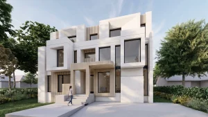 Modern 3-story fourplex with sculptural stone and wood slats by Memar Architects in North York.