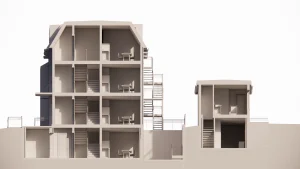 3d section of a fourplex and garden suite in toronto