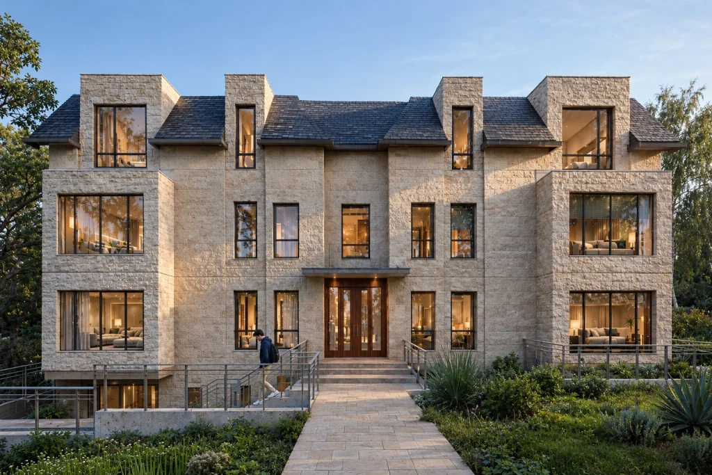 Three-storey modern fourplex and garden suite under construction by Memar Architects Toronto.