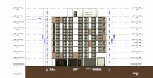 Elevation and exterior design of Scarborough rental housing development concept.