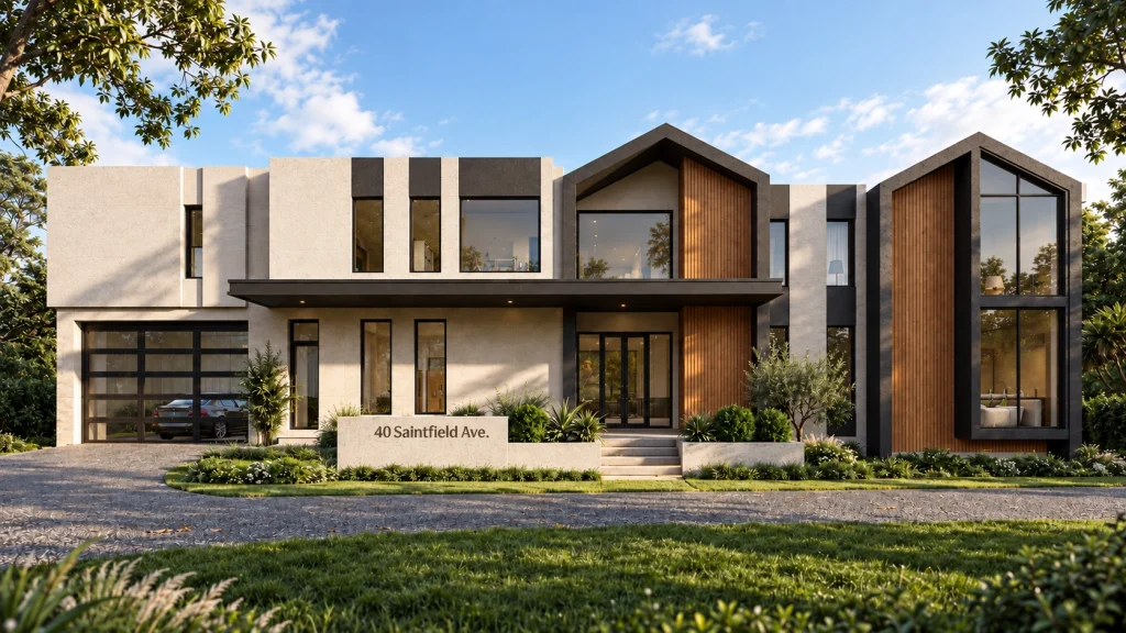 Modern luxury home exterior with wood accent slats and limestone cladding in Bridle Path by Memar Architects Toronto.