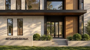 Modern Bridle Path home exterior with stone cladding and black canopy by Memar Architects Toronto.