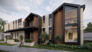 Modern luxury home exterior with wood accent slats and limestone cladding in Bridle Path by Memar Architects Toronto.