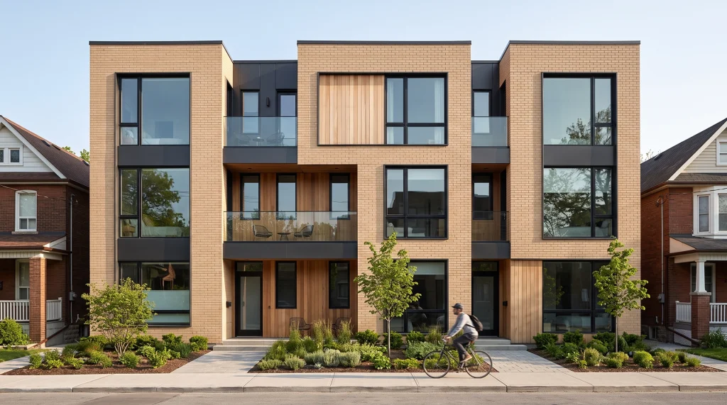 Exterior front view of a modern 3-story Toronto fourplex featuring tan brick, warm cedar siding, black window frames, private balconies, and native landscaping.
