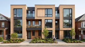 Exterior front view of a modern 3-story Toronto fourplex featuring tan brick, warm cedar siding, black window frames, private balconies, and native landscaping.