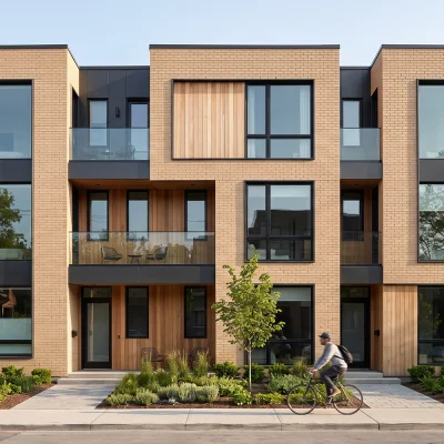 Exterior front view of a modern 3-story Toronto fourplex featuring tan brick, warm cedar siding, black window frames, private balconies, and native landscaping.